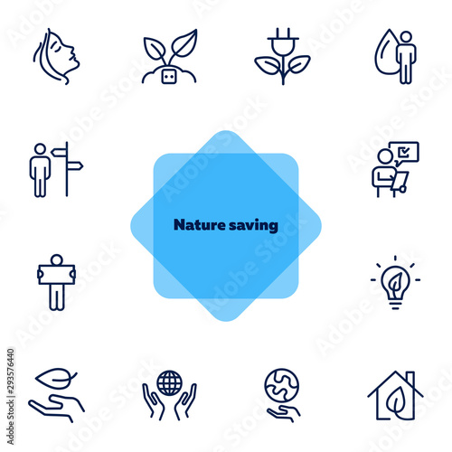 Nature saving line icon set. Set of line icons on white background. Ecology concept. Leaf, person, battery, energy. Vector illustration can be used for topics like environment, ecology