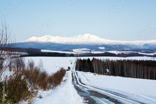積雪の畑作地帯と山並み　大雪山 © kinpouge