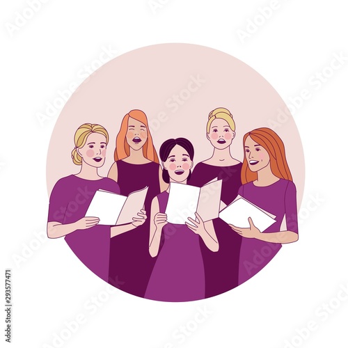 Choir, ensemble performing on the stage. Concert. Singing people. Vocalists, classical music. Vector illustration.
