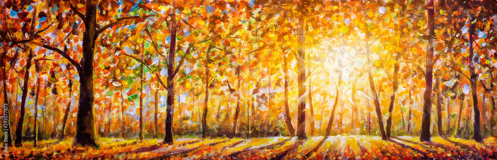 Fototapeta Obraz olejny impresjonizm ze złotej jesieni panoramy. Wspaniała jesień krajobrazowa panorama sceniczny las z ciepłą światło słoneczne grafiką