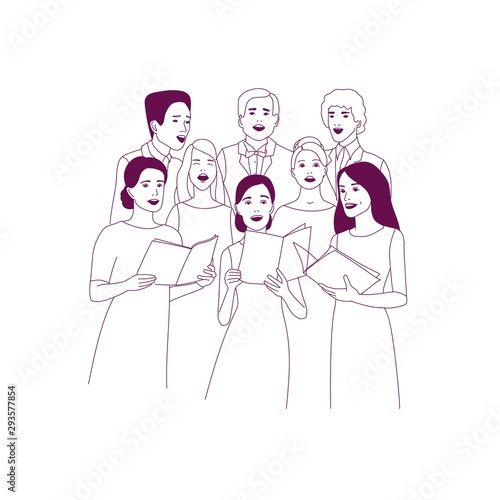 Choir, ensemble performing on the stage. Concert. Singing people. Vocalists, classical music. Vector illustration.