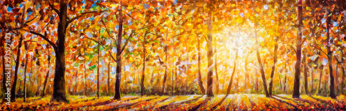 Gold autumn panorama impressionism oil painting. Gorgeous autumn landscape panorama of scenic forest with warm sunshine artwork