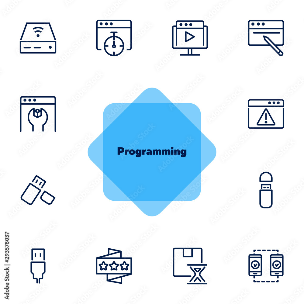 Programming line icon set. Video content, wrench, browser, USB flash drive.  Information technology concept. Can be used for topics like app  development, installing software, coding Stock Vector | Adobe Stock