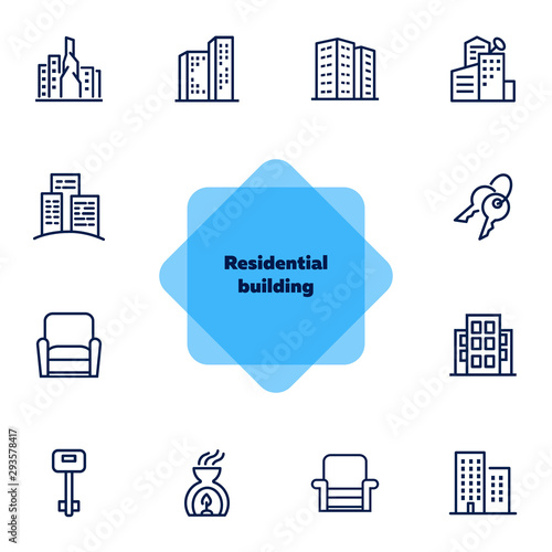 Residential building icons. Set of line icons. Key, residential district, cityscape. Housing development. Vector illustration can be used for topics like mortgage, rent, construction