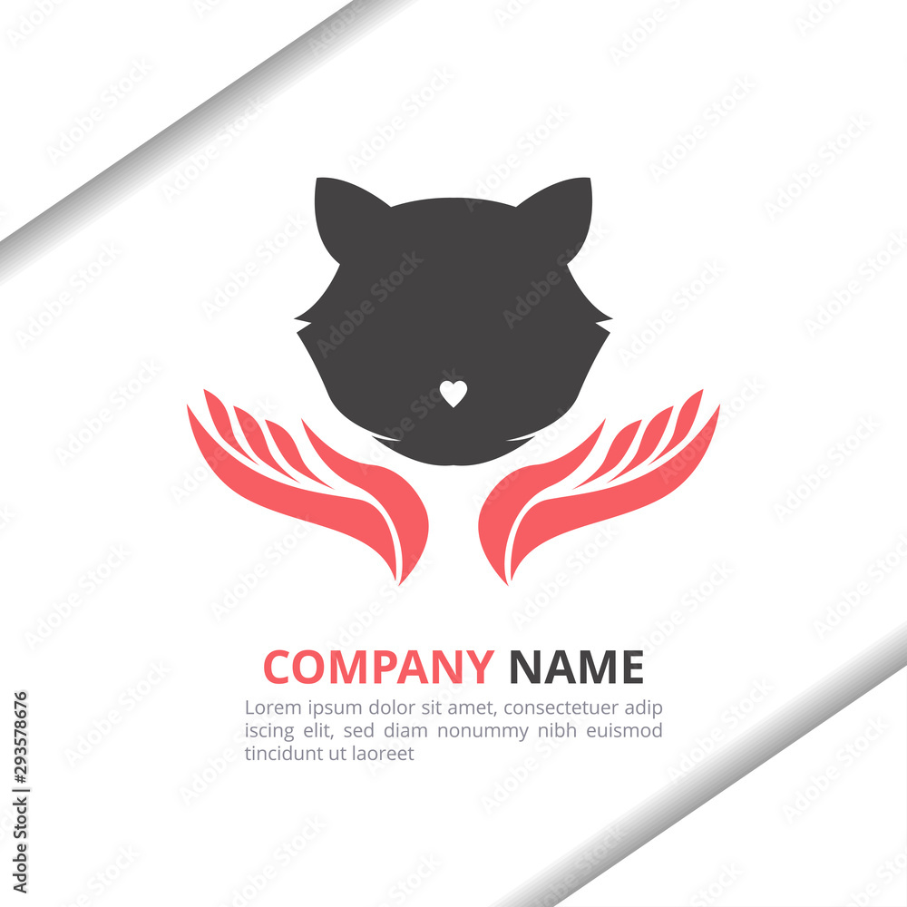 Obraz premium Cat love and hand logo design concept with flat style for animal shop, pet care, brand identity