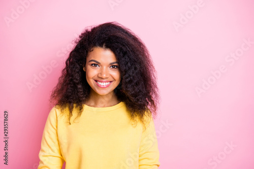 Close up photo portrait of pretty attractive with beaming teeth smile trend modern hipster person wearing pastel color jumper having good mood isolated background
