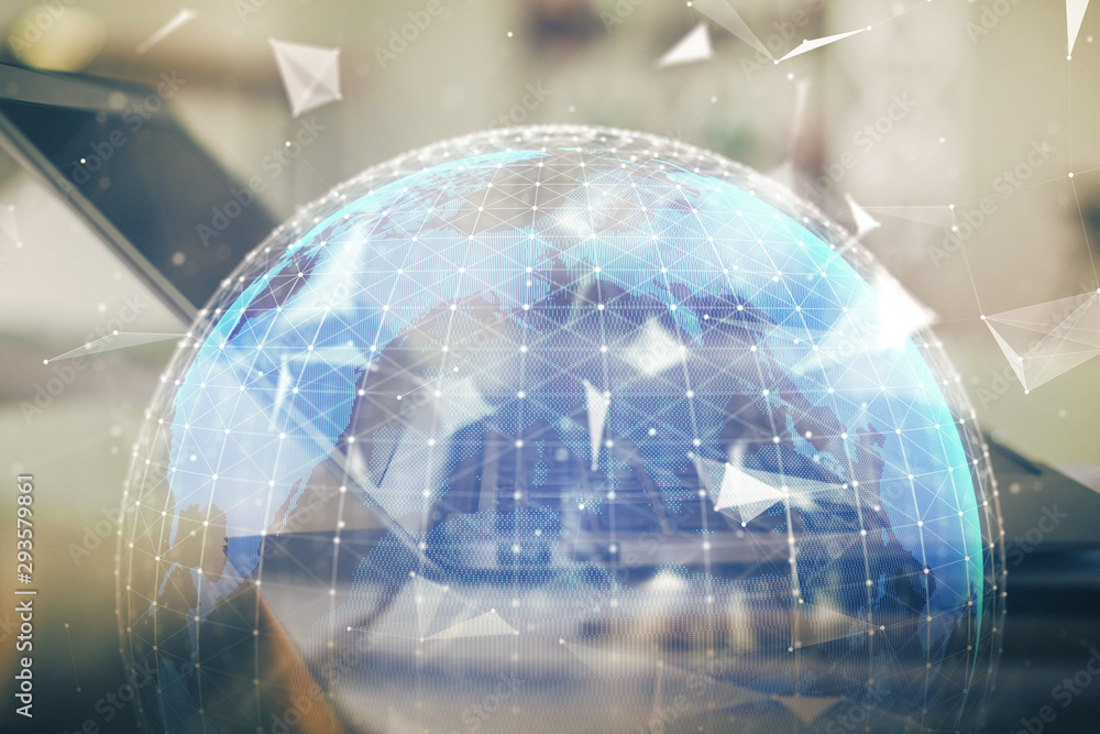 Double exposure of business theme icons and work space with computer background. Concept of success. Double exposure of business theme icons and work space with computer background. Concept of success.