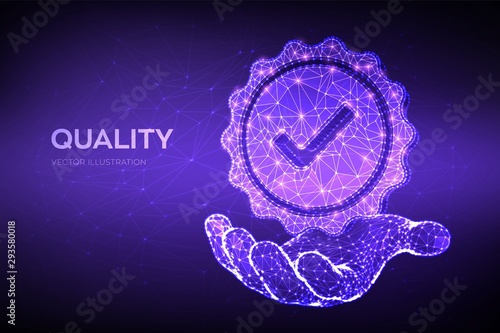 Quality. Low polygonal Quality icon check in hand. Standard Quality Control Certification Assurance. Guarantee, premium choice, good product, choose warranty concept. Vector illustration.
