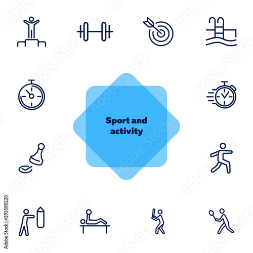 Sport and activity icons. Set of line icons on white background. Stop watch, sportsman. Active lifestyle concept. Vector illustration can be used for topics like competition, swimming, boxing