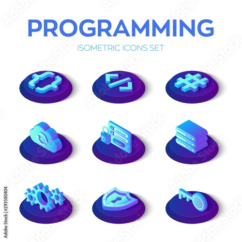 Programming and development icons set. 3D isometric software development icons. Digital industry. Code, server, cloud, gears, authorization form, hash tag, personal key, guard. Vector illustration.