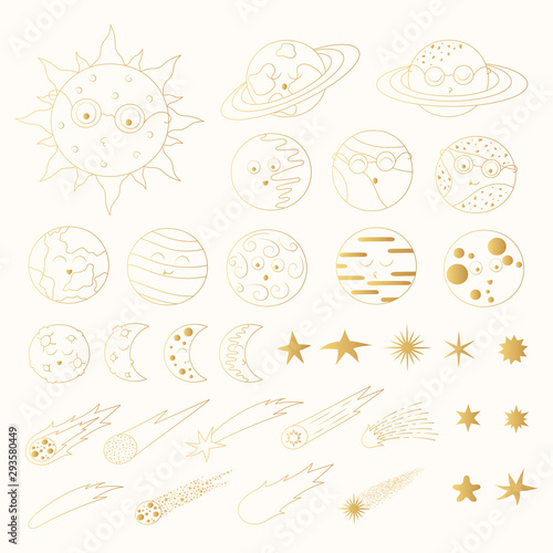 Cute golden cartoon earth, moon, sun and other planets. Collection with gold line comets and stars.