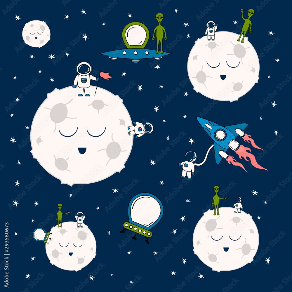 Cartoon funny space pattern with cute astronaut and alien on moon.  Futuristic background with spaceships, alien ships, spacecrafts and ufo.  Cute galaxy wallpaper for kids. Stock Vector | Adobe Stock