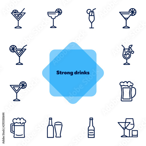 Strong drinks icons. Set of line icons on white background. Beer bottle, martini, margarita cocktail. Alcohol concept. Vector illustration can be used for topic like drinks, bar, menu