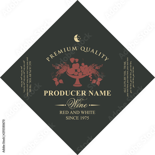 Vector diamond shaped label for red and white wine with a bowl of fruit, berries and lilac on the black background in retro style