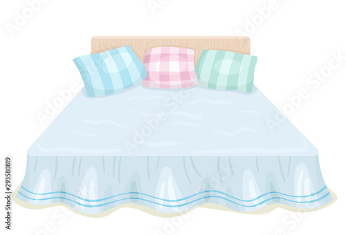 Large bed with three pillows. Isolated on a white background.