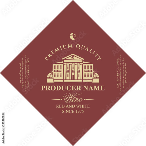 Vector diamond shaped label for red and white wine with image of an old building with statues of lions in retro style on maroon background.