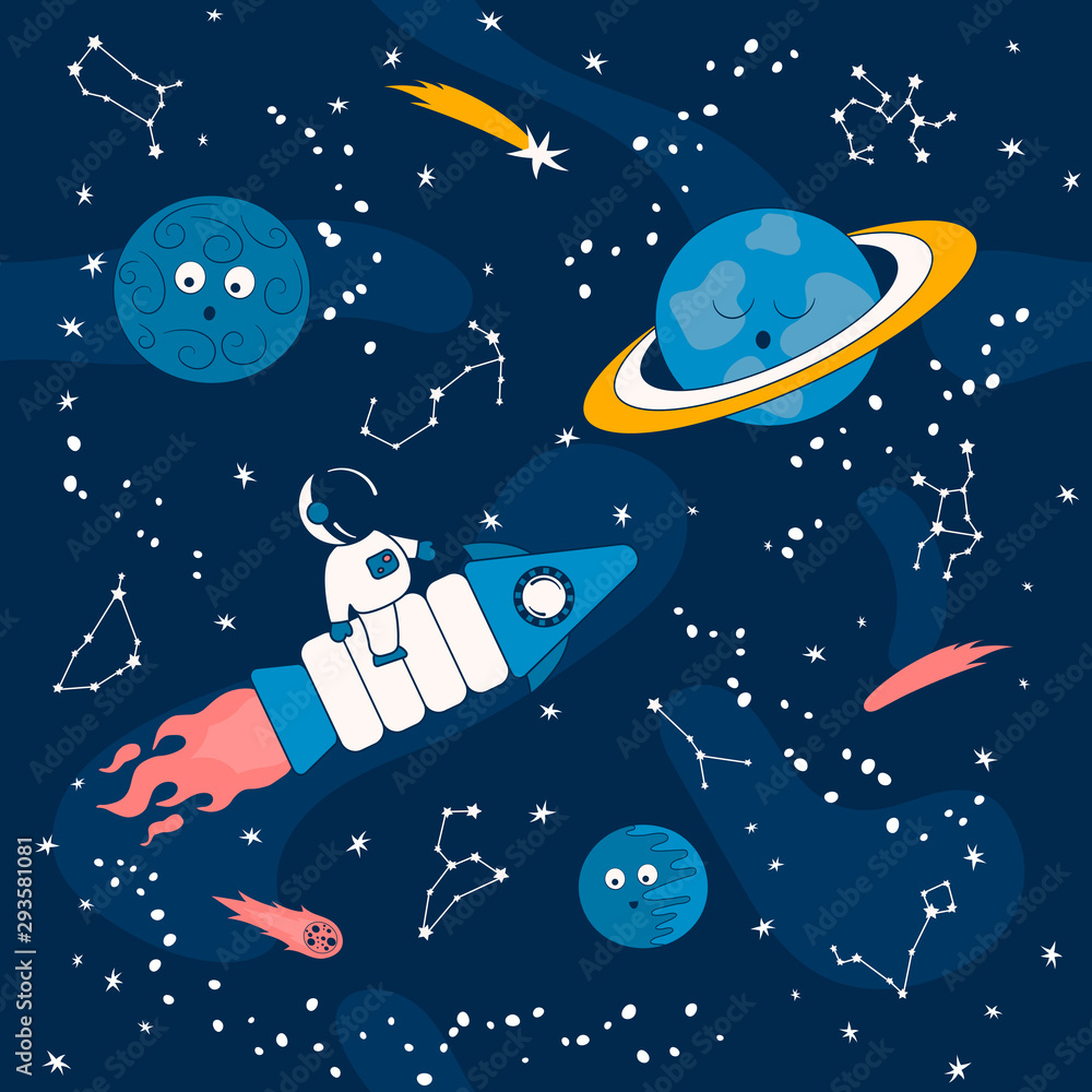 Cartoon pattern with astronaut on a spaceship in the outer space with  saturn and other planets. Futuristic background with cosmonauts, comets and  stars. Galaxy wallpaper for kids. Stock Vector | Adobe Stock