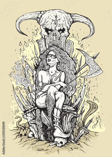 Hand drawn hipster queen on a throne with skulls in hell. Vector illustration.