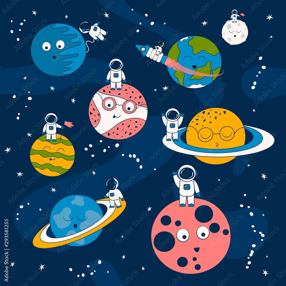 Cartoon pattern with astronaut on a spaceship and planets in space .  Futuristic background with cosmonauts and stars. Galaxy wallpaper for kids.  Stock Vector | Adobe Stock