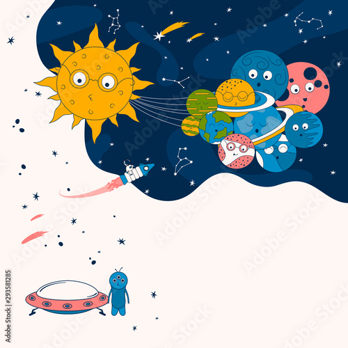 Fototapeta Naklejka Na Ścianę i Meble -  Cartoon solar system border with cute earth, saturn, sun and planets. Futuristic background with astronaut on rocket, alien ship, comets and stars. Galaxy frame for kids.
