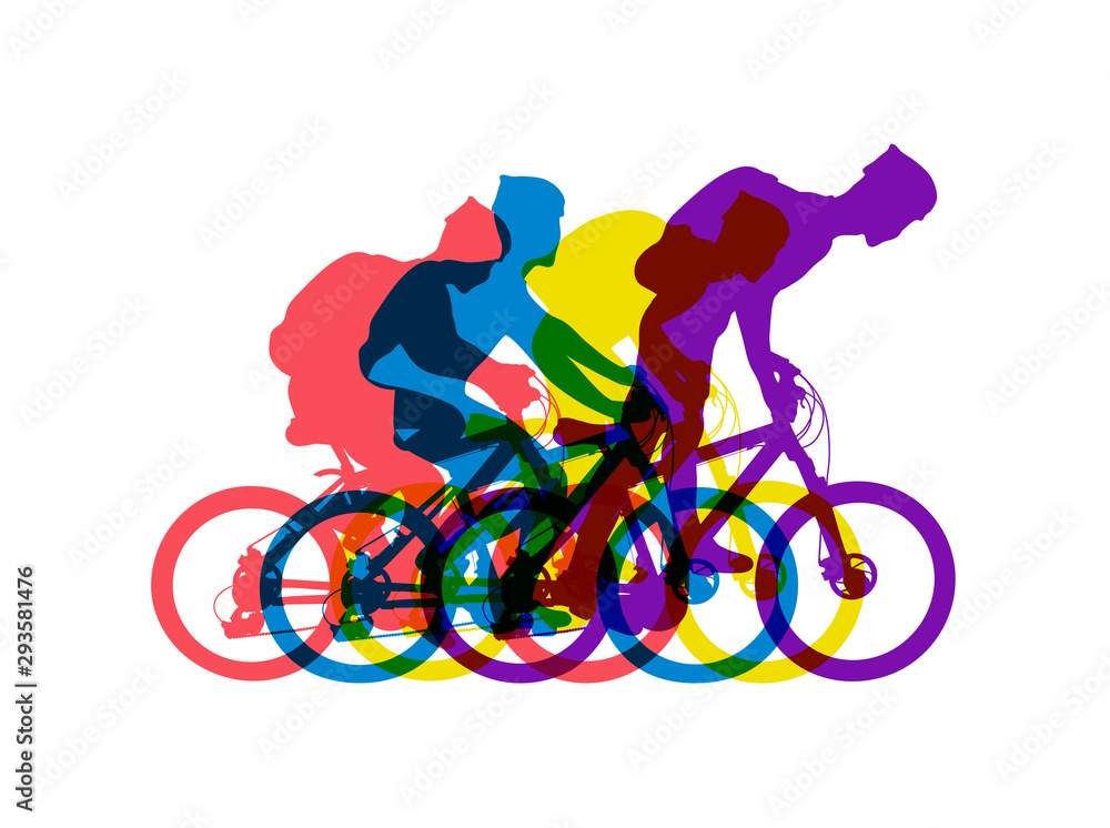 Fototapeta premium Vector illustration. Cycling logo. 4 silhouettes of cyclists in helmets with backpacks. The logo of sports competitions. Graphic design. Eps 10. Mountain Bike.