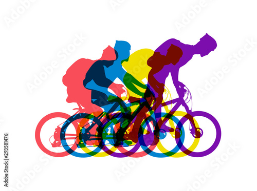 Vector illustration. Cycling logo. 4 silhouettes of cyclists in helmets with backpacks. The logo of sports competitions. Graphic design. Eps 10. Mountain Bike.