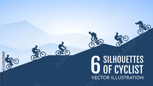 Vector set of cyclist silhouettes. A man rides a mountain bike with a backpack and in a helmet. The guy on the bike does tricks. Freestyle. The tourist goes down or goes up. Graphic Design Elements