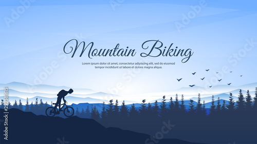 Healthy rest. Mountain biking. Silhouette of tourist in backpack. Blue wallpapers. Forest background with fir trees. Minimalistic concept. Website Design. Lifting to the top. Male climb to cliff