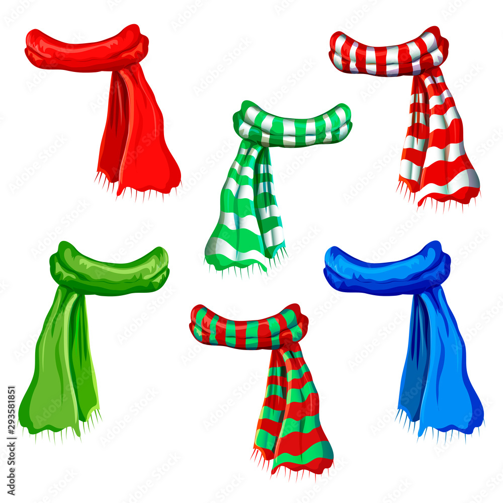 winter scarf collection isolated on white background. illustration of red,  green, striped scarfs. wool muffler icon set - winter warming clothes.  realistic long scarves in cartoon style Stock Illustration | Adobe Stock