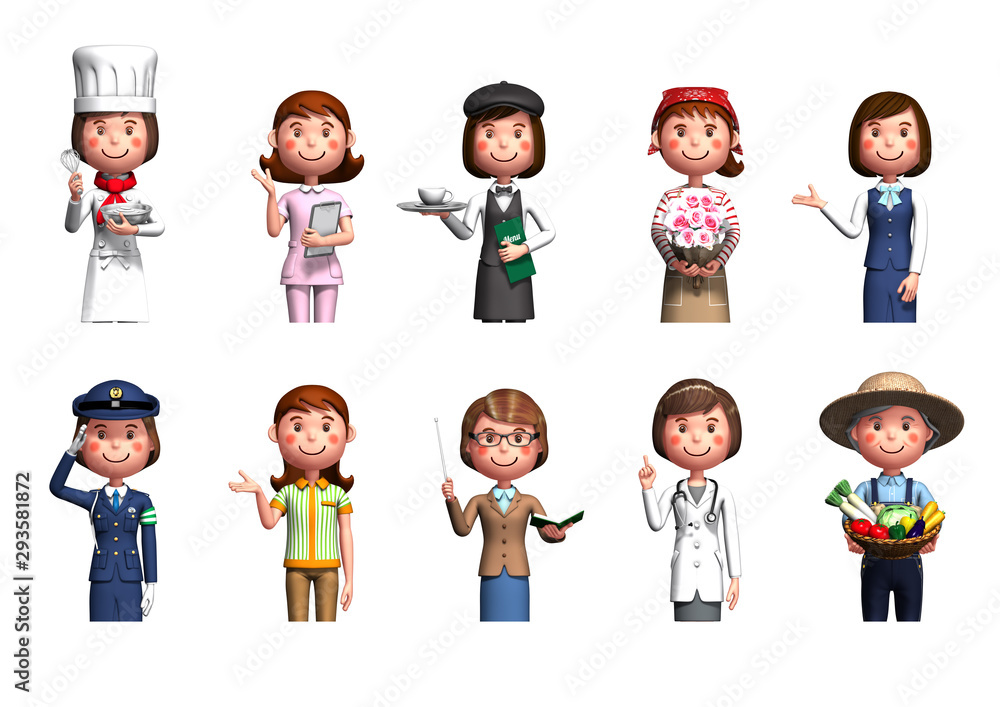 10 woman upper body profession illustrations in 3d render 10 woman upper body profession illustrations in 3d render