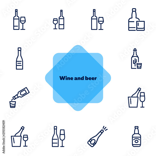 Wine and beer line icon set. Set of line icons on white background. Alcohol concept. Bottle, glass, wine, beer. Vector illustration can be used for topics like bar, alcohol, restaurant