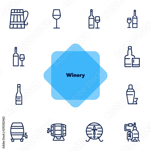 Winery icons. Set of line icons on white background. Wine bottle, barrel, beer. Alcohol concept. Vector illustration can be used for topics like bar, drinks, winemaking