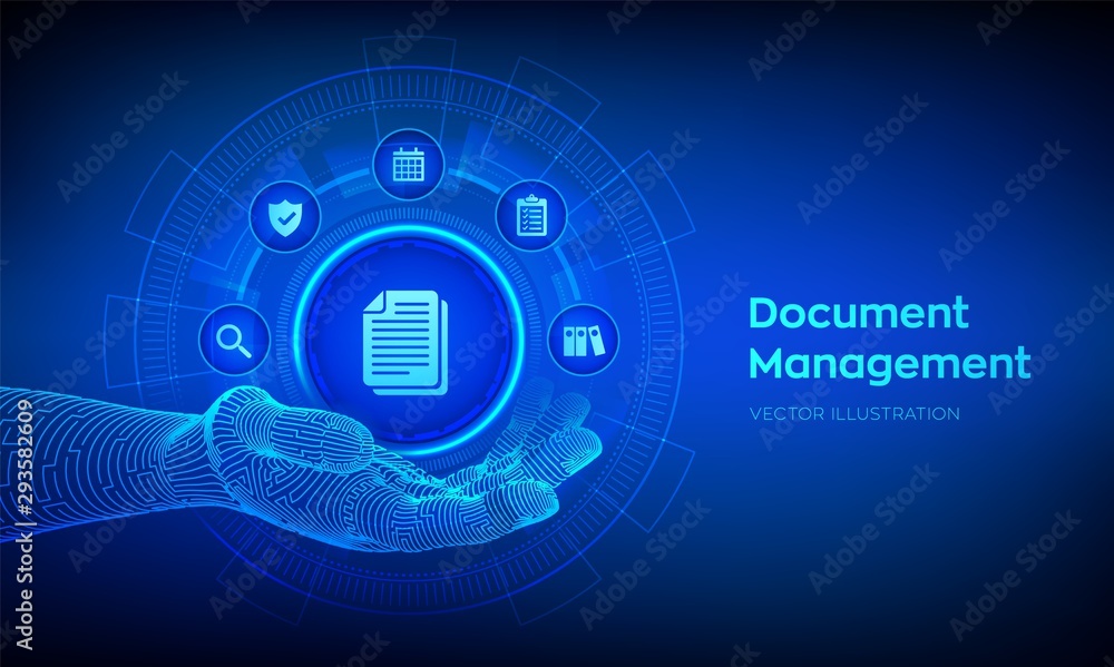 DMS. Document Management Data System. Document icon in robotic hand. Corporate data management system. Privacy data protection. Business Internet Technology Concept. Vector illustration.