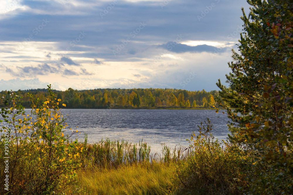 Autumn lake in cloudy weather