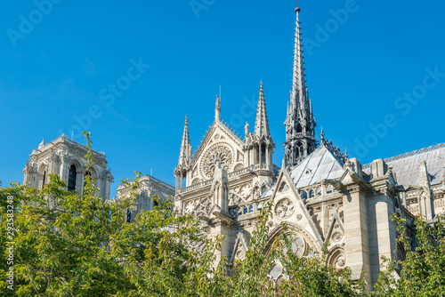 Notre Dame de Paris - famous cathedral with blue sky before fire April 15, 2019. Paris, France