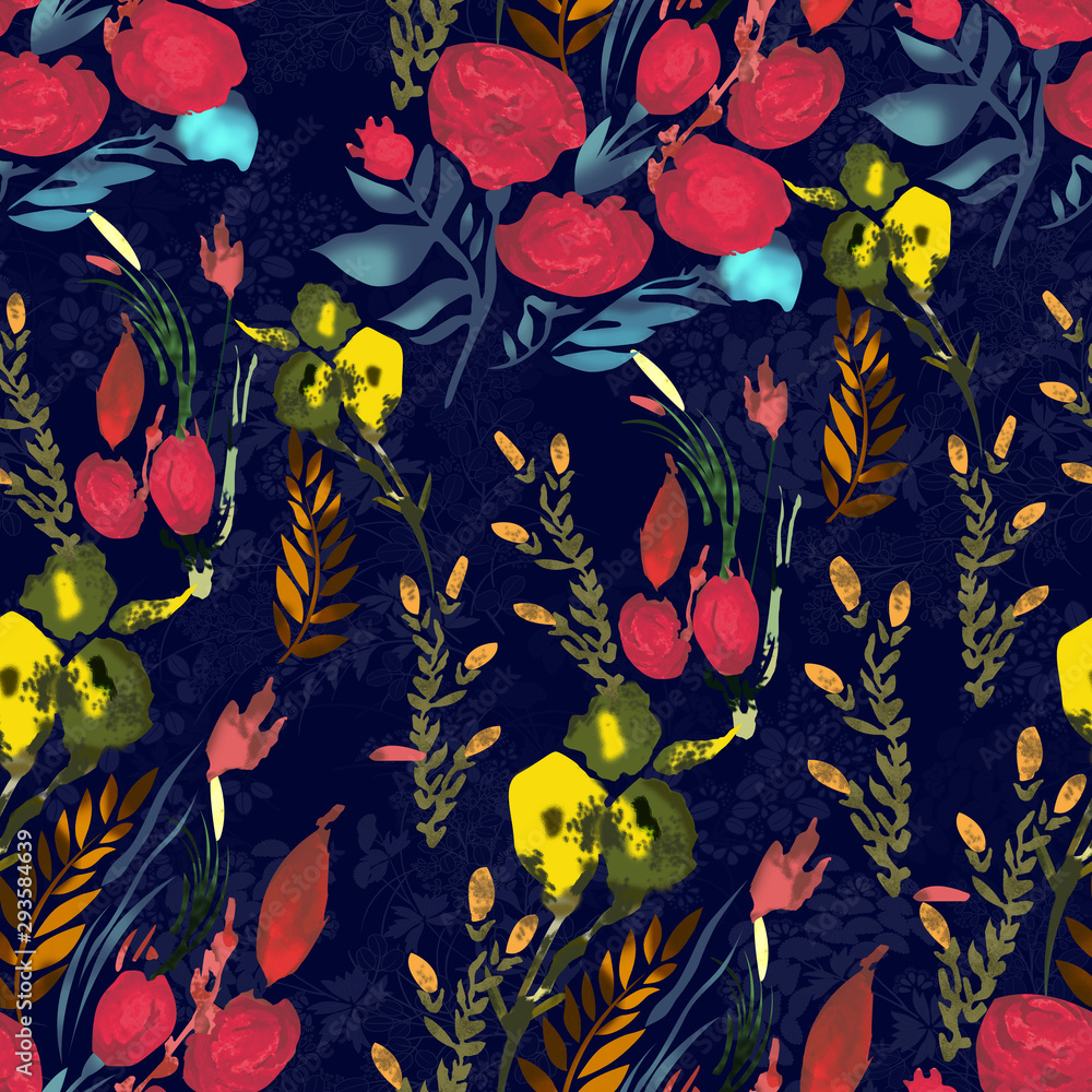 Naklejka Seamless tropical flower pattern, watercolor.Flowers pattern. for textile, wallpaper, pattern fills, covers, surface, print, gift wrap, scarf, decoupage. Seamless pattern