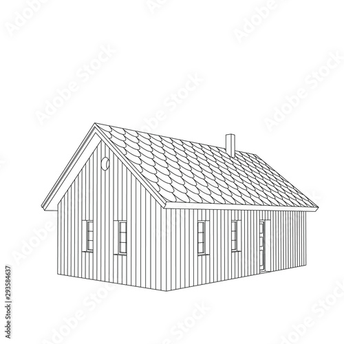 Vector 3d illustration of an old, traditional, wooden house in perspective. Symbol of house, family life and real estate property. © M...M