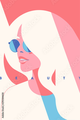 Fashion portrait of a blondie model girl with sunglasses. Retro trendy coral color poster or flyer.
