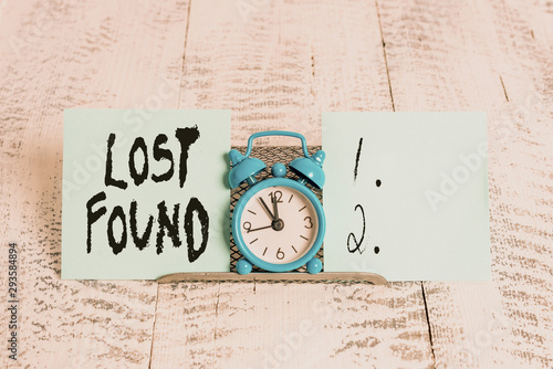 Conceptual hand writing showing Lost Found. Concept meaning Things that are left behind and may retrieve to the owner photo