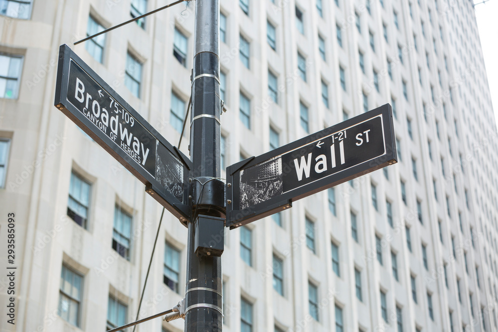 Fototapeta premium Broadway and Wall St., street sign, New York, USA