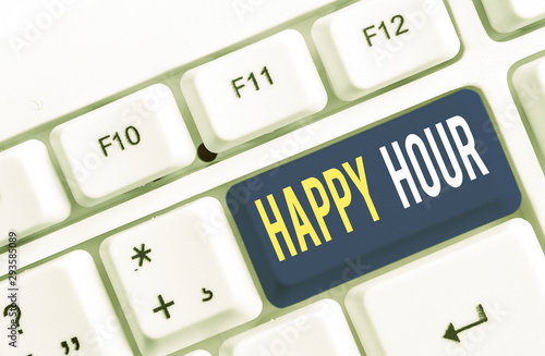 Text sign showing Happy Hour. Business photo showcasing Spending time for activities that makes you relax for a while White pc keyboard with empty note paper above white background key copy space photo