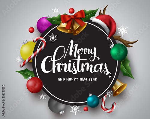 Merry christmas vector banner. Merry christmas greetings card with circle frame for text and messages with colorful xmas decor elements in gray background. Vector illustration. 