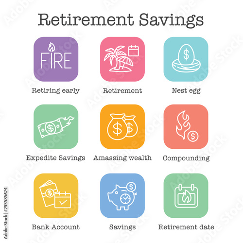 Retirement Savings Icon Set - money bags, nest egg, calendar and more