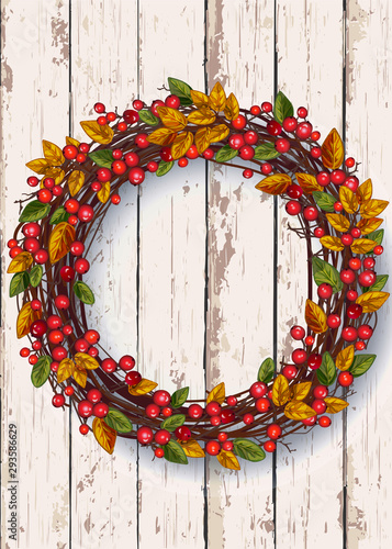 Autumn wreath on a wooden background. Thanksgiving Day