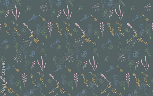 Seamless pattern with hand drawn doodle flowers and leaves. Vector floral illustration for wallpaper. Can be used on card, planner, notebook or fabric