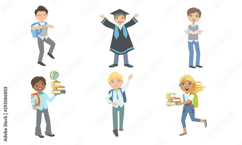 Set of images of schoolchildren in different situations. Vector illustration.