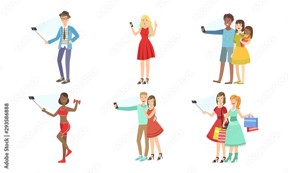 Different people take selfies. Set of vector illustrations.