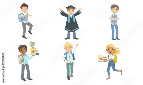 Set of images of schoolchildren in different situations. Vector illustration.