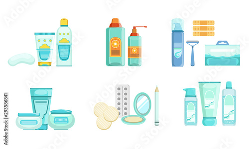 Set of hygiene products for the shower. Vector illustration.