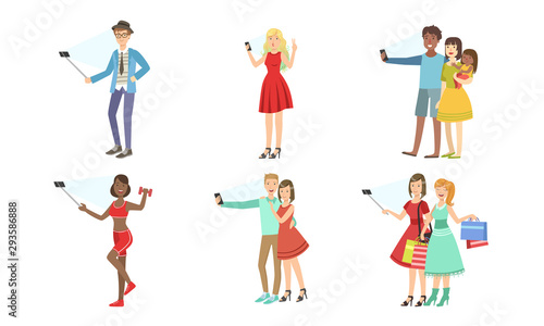 Different people take selfies. Set of vector illustrations.